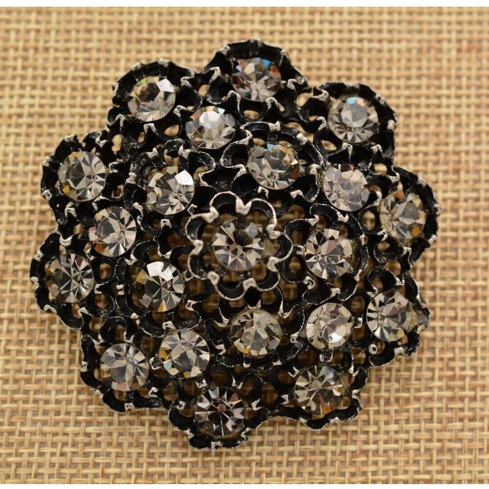 Vintage Crystal Pin Brooch Gray Rhinestone Gunmetal Floral Sparkling 1980s Bin4